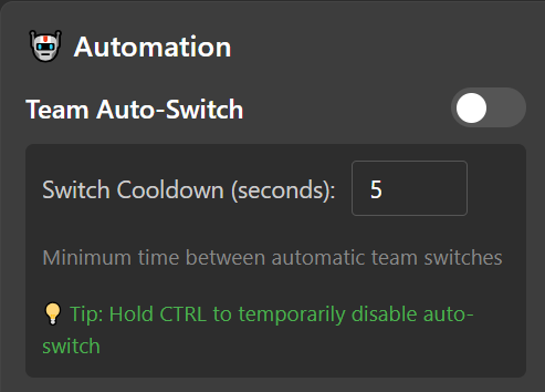 The Automation panel in PCOB Manager: a Team Auto-Switch toggle, currently off, a switch cooldown set to five seconds described as the minimum time between automatic team switches, and a tip that holding CTRL temporarily disables auto-switch.