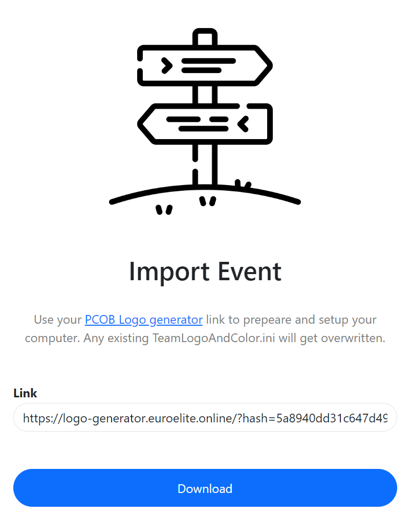 The Import Event screen in PCOB Manager: a signpost illustration, a field holding a PCOB Logo generator link, and a Download button. The screen warns that any existing TeamLogoAndColor.ini will be overwritten.